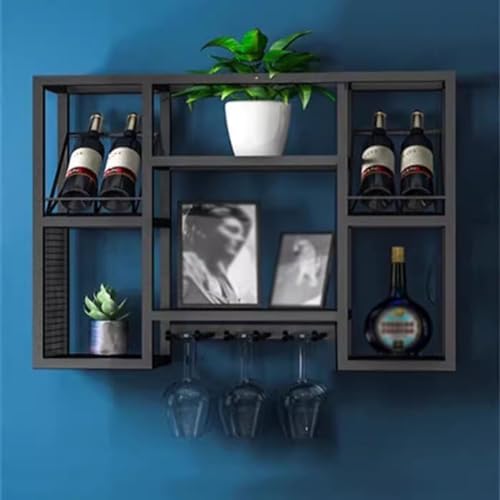 SilteD Wall-Mounted Wine Racks with Glass Holders - Black 60x25x60Cm