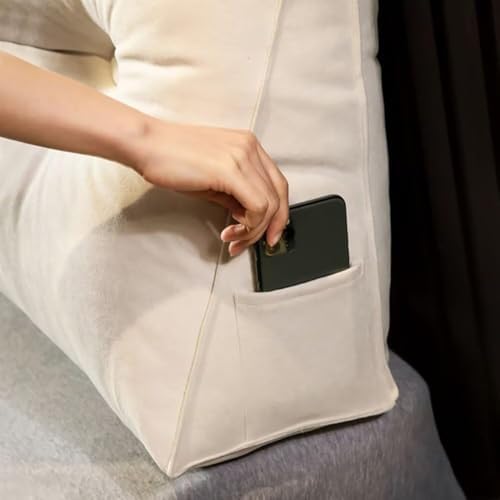 Triangle Bed Head Pillow with Side Pocket - White 180x50x20cm