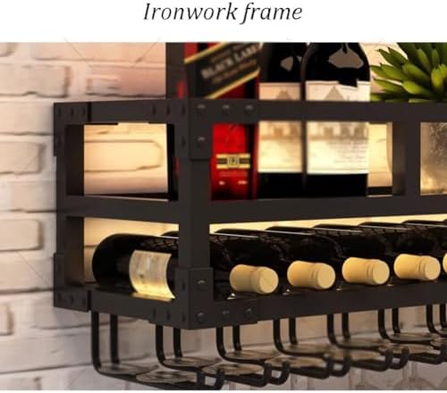 SilteD Industrial Wall-Mounted Wine Rack with Glass Holder and LED Light