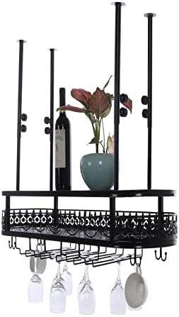 Adjustable Ceiling Wine Glass Rack with 2-Layer Storage Black