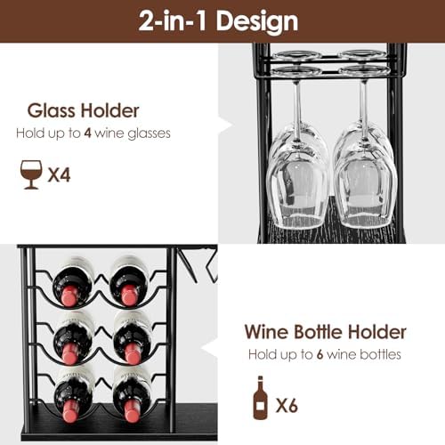 Nuovoware 2 in 1 Wine Rack for 6 Bottles 4 Glasses Black