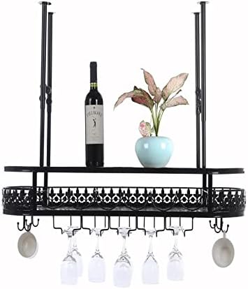 Adjustable Ceiling Wine Glass Rack with 2-Layer Storage Black