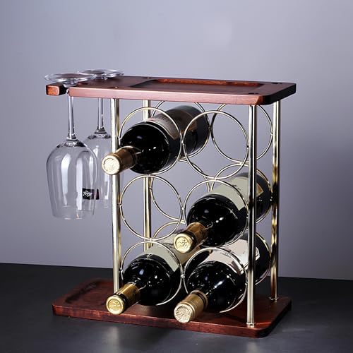 Gold Metal Wine Rack with 6 Bottles and 2 Goblets