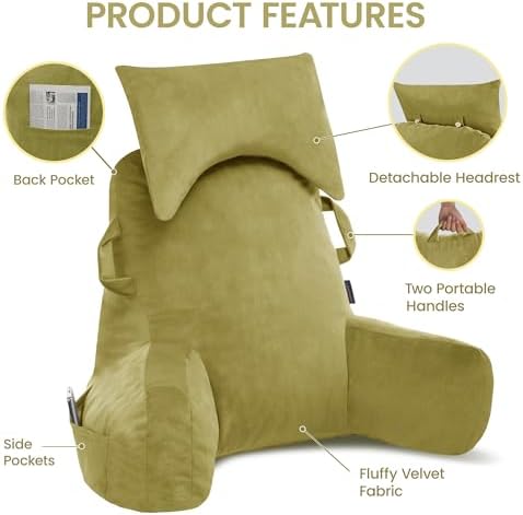 Unisakey Reading Pillow with Headrest and 3 Pockets Yellow Green