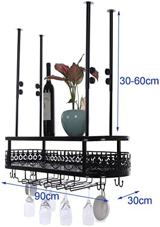 Adjustable Ceiling Wine Glass Rack with 2-Layer Storage Black
