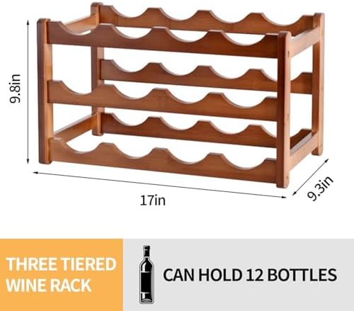 RUIQINQI 12 Bottle Wooden Wine Rack with 3 Tiers