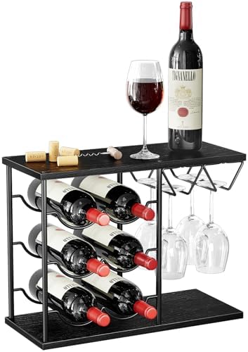 Nuovoware 2 in 1 Wine Rack for 6 Bottles 4 Glasses Black