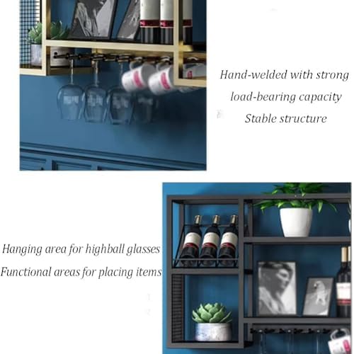 SilteD Wall-Mounted Wine Racks with Glass Holders - Black 60x25x60Cm