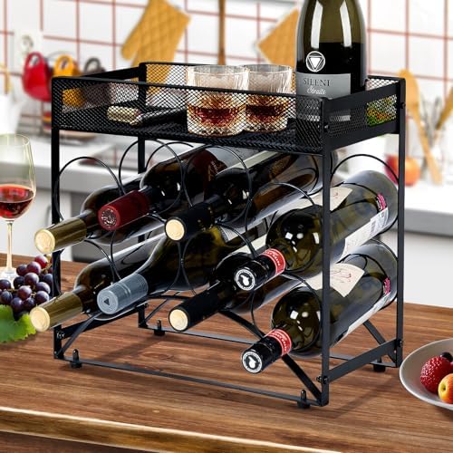 NOBLEMOOD 8 Bottles Tabletop Wine Rack Stand with Storage Basket