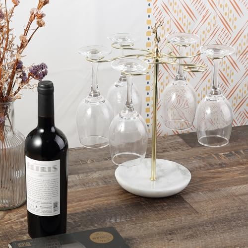 Wine Glass Holder with Marble Base and 6 Hooks