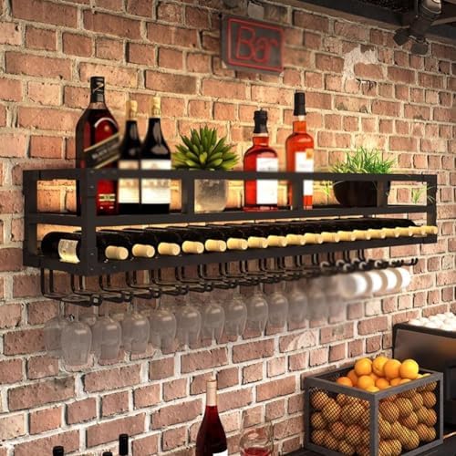 SilteD Wall-Mounted Wine Rack with LED and Glass Holder - Black