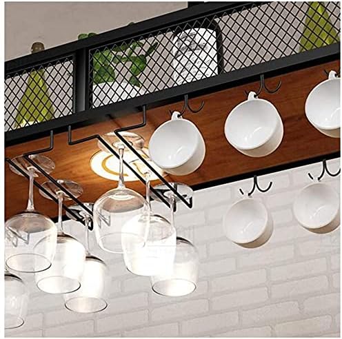 Ceiling Hanging Wine Rack with Glass Holder Wrought Iron Wood 80x30cm