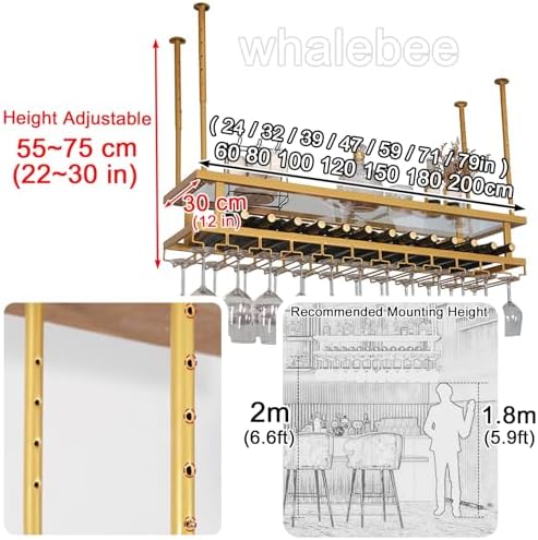 Whalebee Wine Glass Rack Ceiling Mount Gold Adjustable