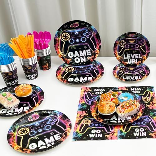 168 Pcs Neon Video Game Plates Napkins Set