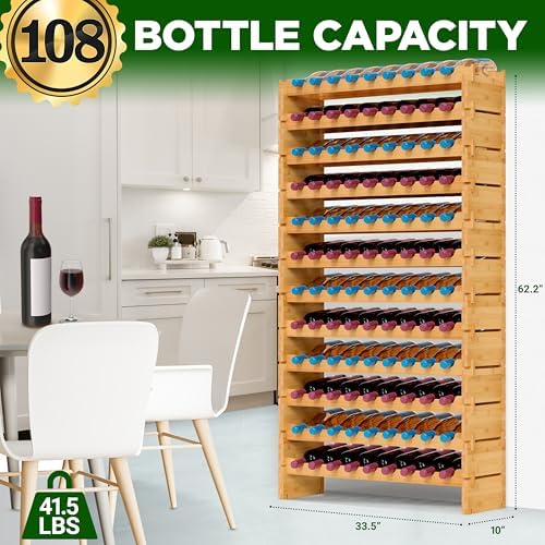 NutriChef Bamboo 12-Tier Wine Rack 108 Bottle Capacity