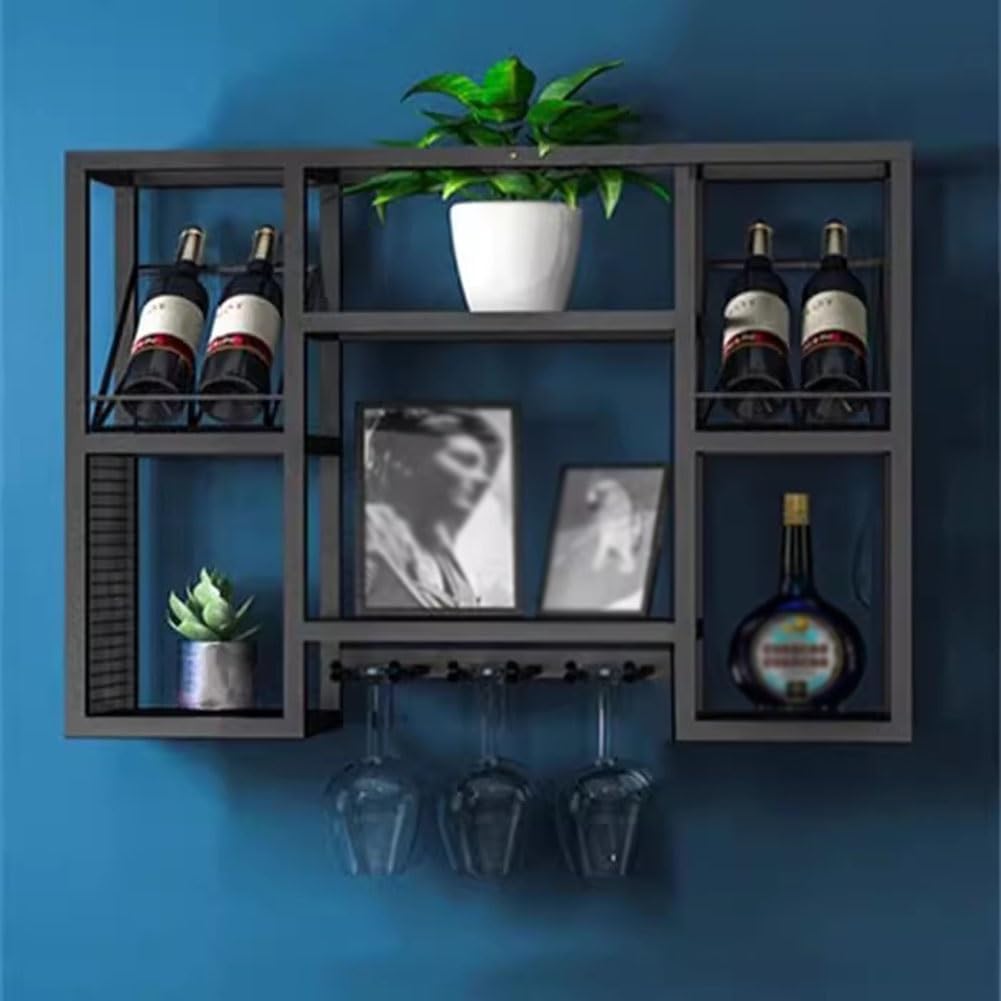 SilteD Wall-Mounted Wine Racks with Glass Holders - Black 60x25x60Cm