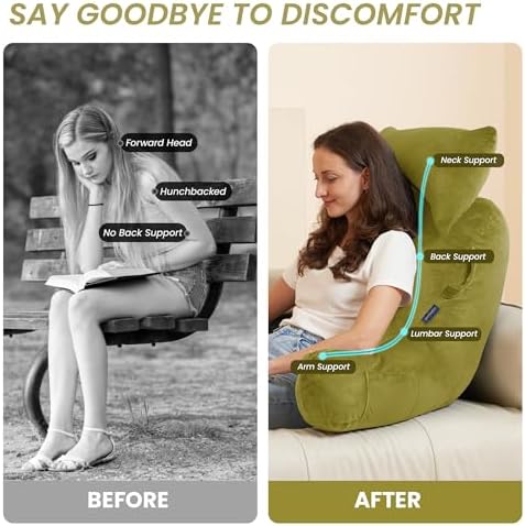 Unisakey Reading Pillow with Headrest and 3 Pockets Yellow Green
