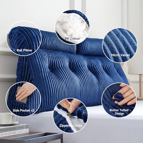 Z-hom King Size Pillow Headboard with 2 Roll Pillows Blue