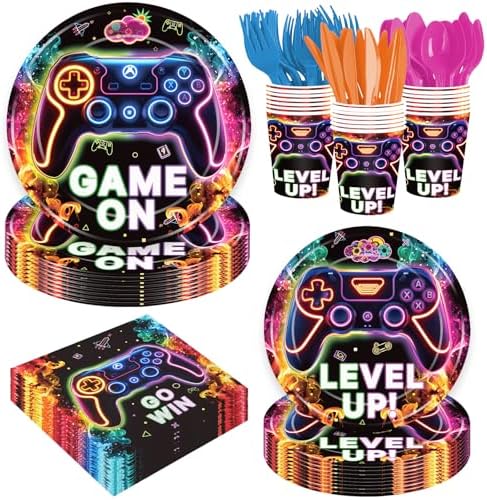 168 Pcs Neon Video Game Plates Napkins Set