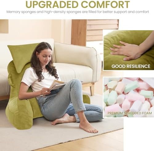 Unisakey Reading Pillow with Headrest and 3 Pockets Yellow Green