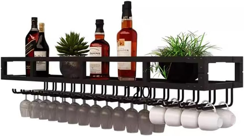 SilteD Wall-Mounted Wine Rack with LED and Glass Holder - Black