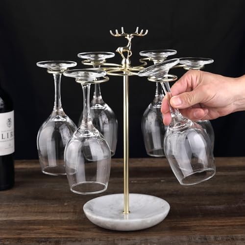 Wine Glass Holder with Marble Base and 6 Hooks