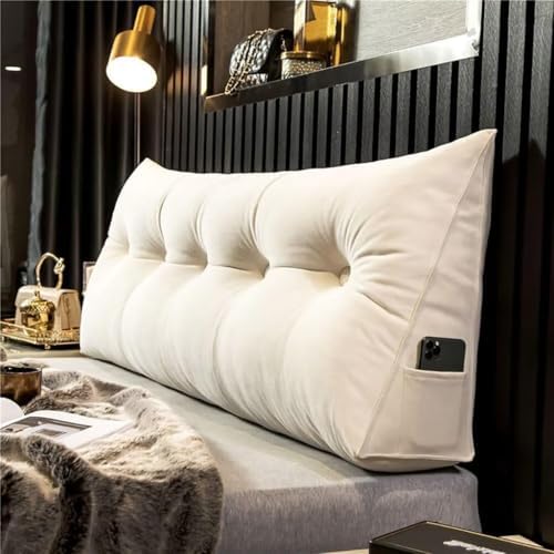 Triangle Bed Head Pillow with Side Pocket - White 180x50x20cm