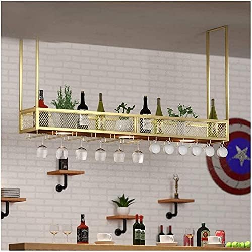 Ceiling Hanging Wine Rack with Glass Holder Wrought Iron Wood 80x30cm