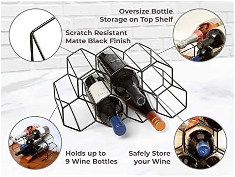 BOCbco Metal Wine Rack - Freestanding 9 Bottle Holder with Geometric Design Black