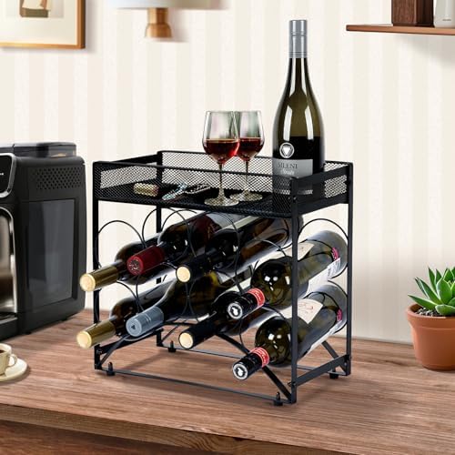 NOBLEMOOD 8 Bottles Tabletop Wine Rack Stand with Storage Basket