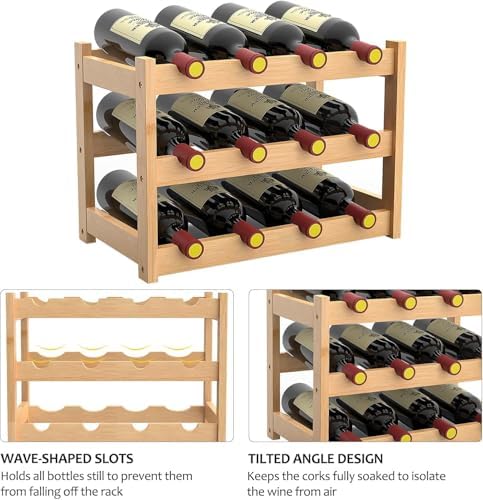 3 Tier Bamboo Wine Rack 12 Bottles Countertop Storage