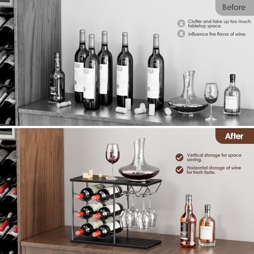 Nuovoware 2 in 1 Wine Rack for 6 Bottles 4 Glasses Black