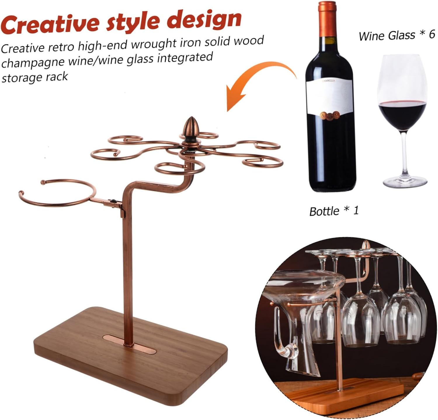 Ciieeo 1pc Iron Wood Wine Glass Holder