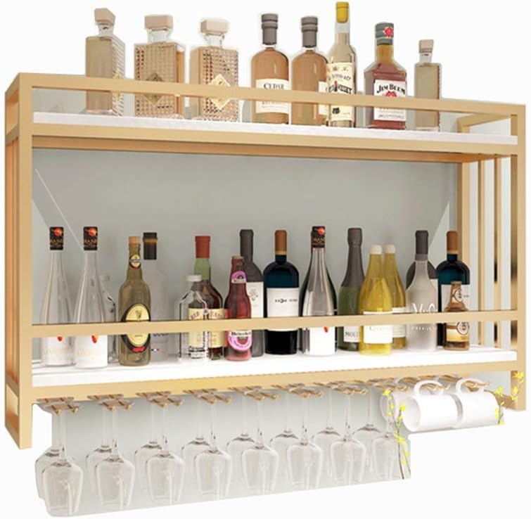 Wall-Mounted Wine Cabinet with Wrought Iron Frame and Gold Finish