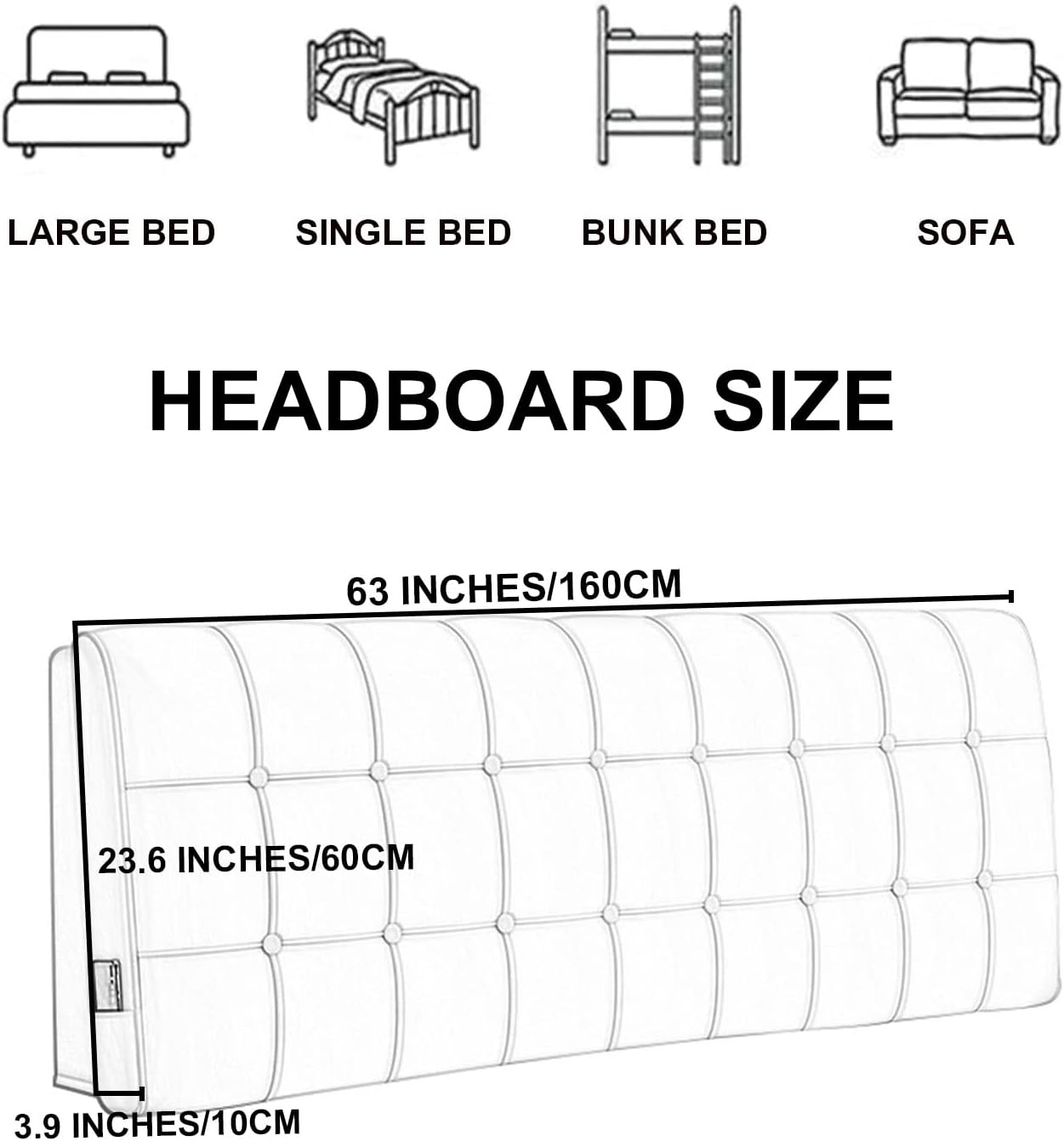 ZZYK Rectangle Bed Backboard Reading Pillow with Headboard Black