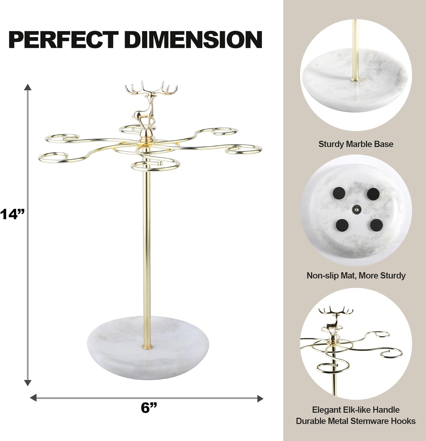 Wine Glass Holder with Marble Base and 6 Hooks