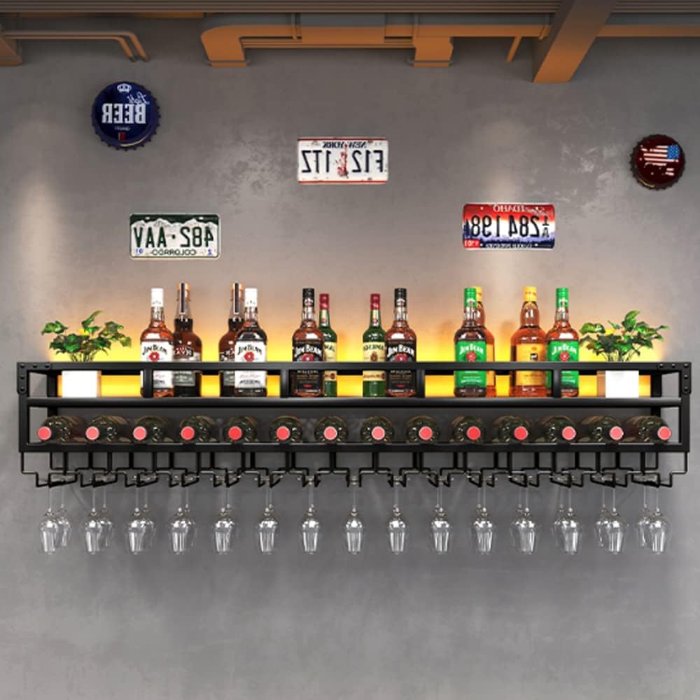 Industrial Wall-Mounted Wine Rack with LED Lights