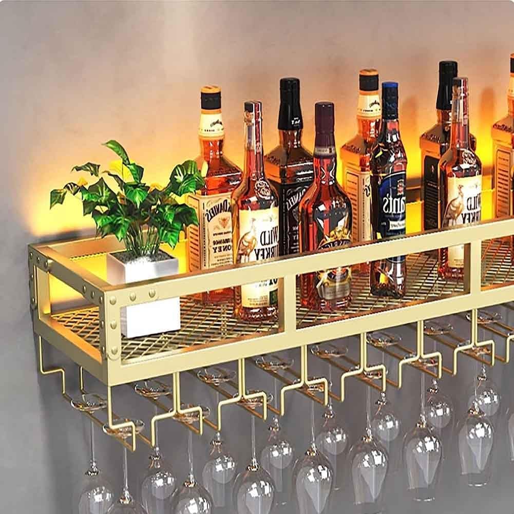 Gold Wall Wine Rack with LED and Glass Holder