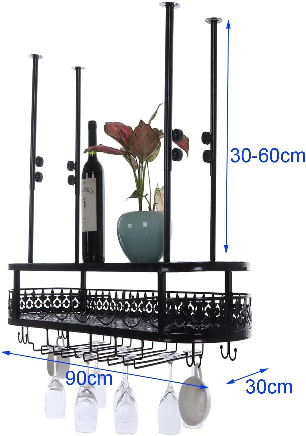 Adjustable Ceiling Wine Glass Rack with 2-Layer Storage Black