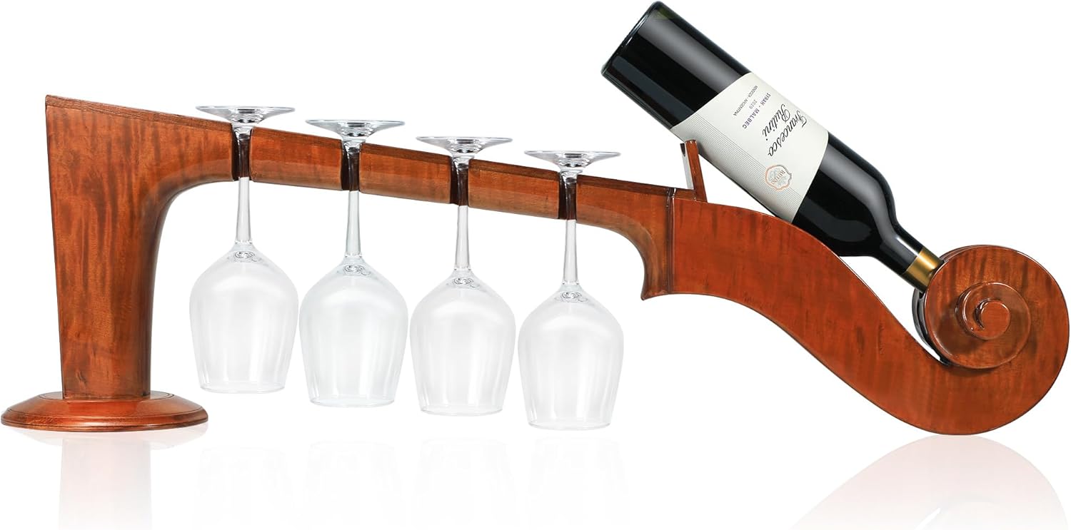 Violin-Inspired Solid Wood Wine Rack - 4 Bottles 4 Glasses 1