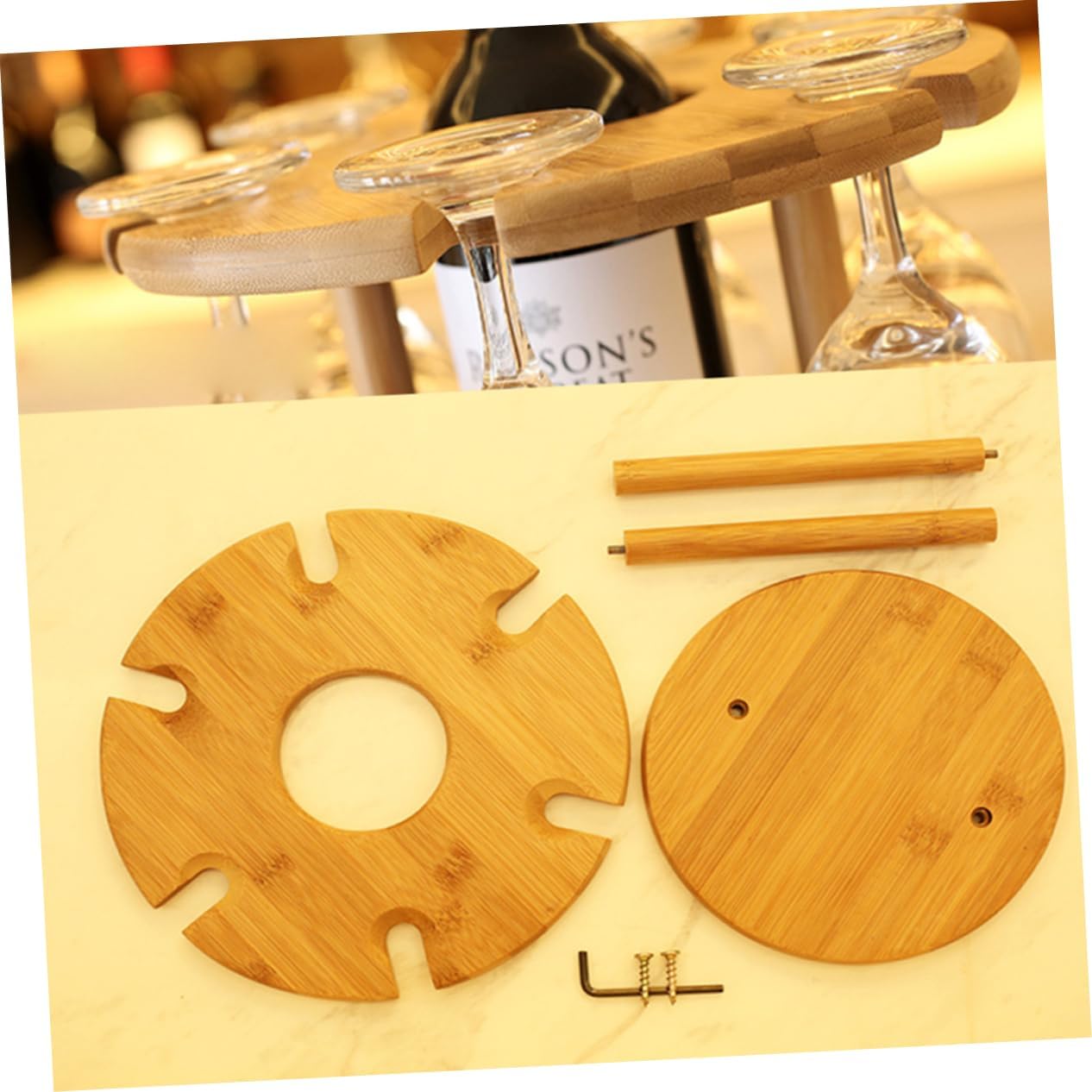 Luxshiny 6-Hole Wooden Wine Glass Holder Rack