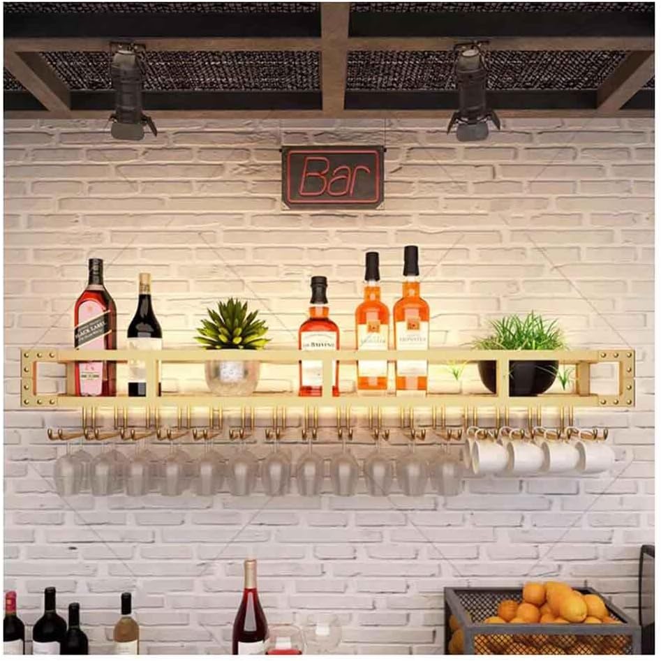 Gold Wall Wine Rack with LED and Glass Holder