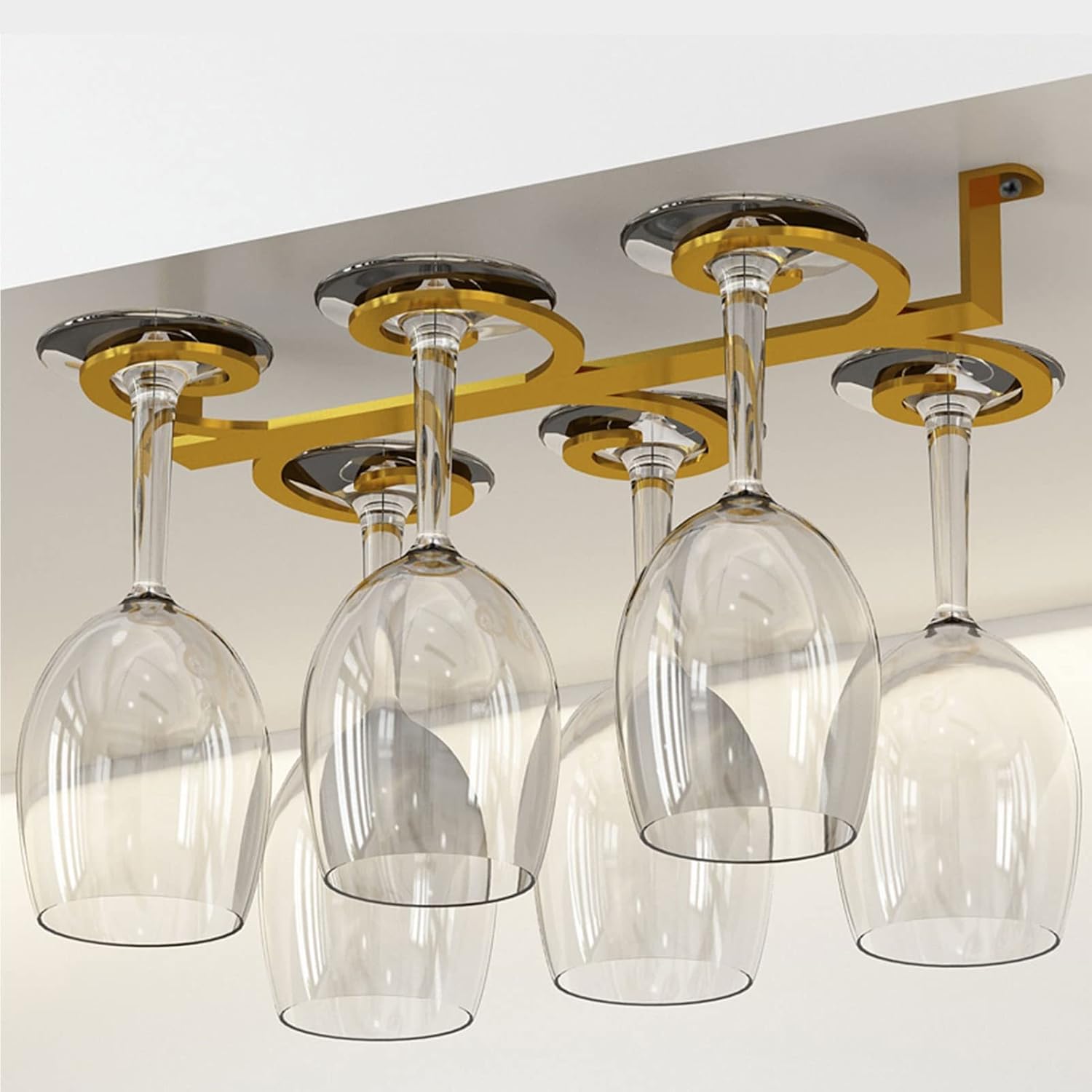 Elegant Gold Wine Glass Hanger Under Cabinet with 6 Slots