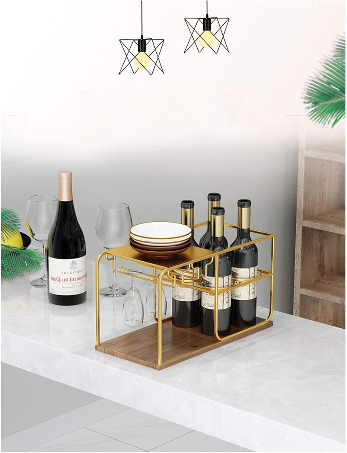 BOCbco Gold Freestanding Wine Rack with 4 Bottles and 4 Glasses