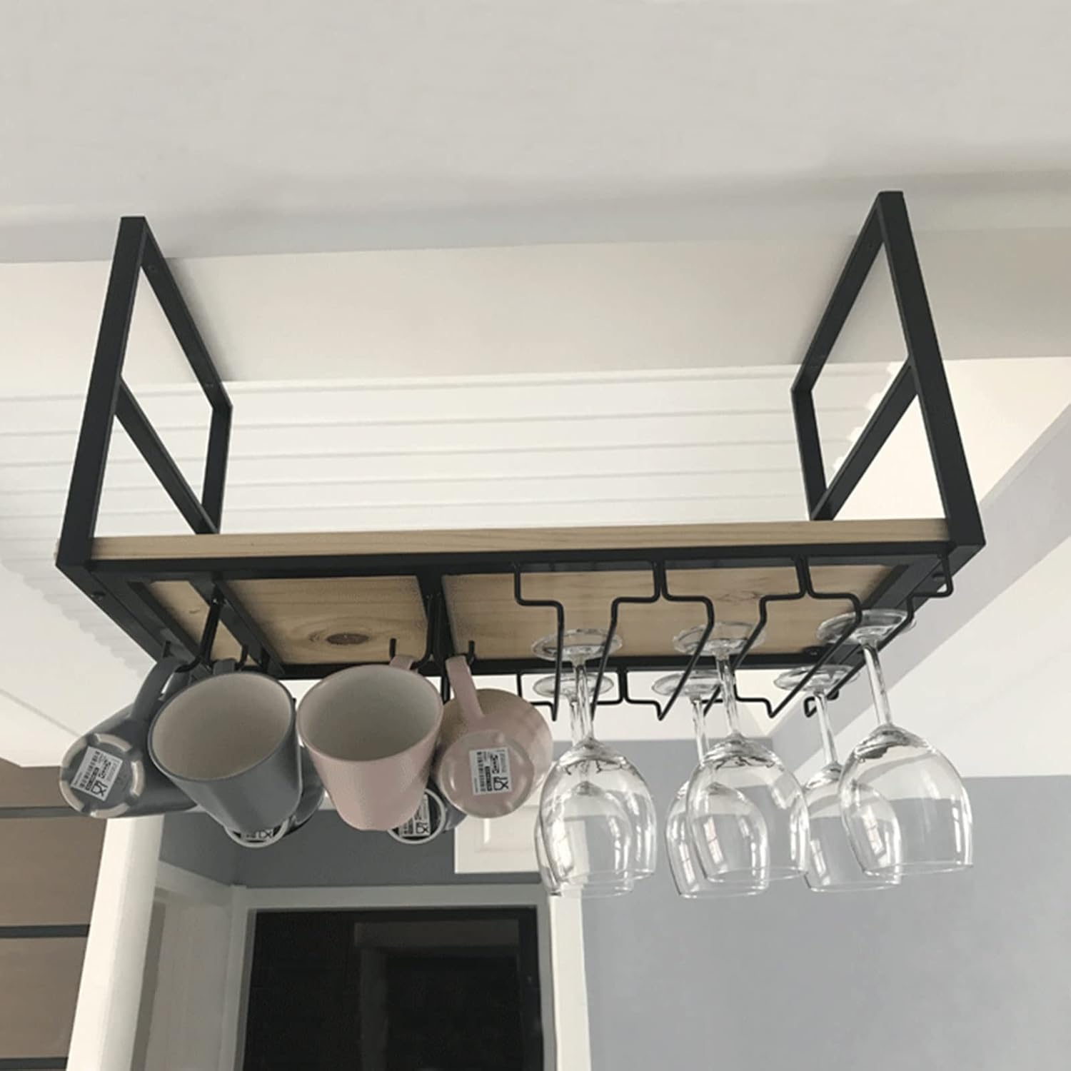 Ceiling Hanging Shelf Wine Rack with Glass Holder and Pot Pan Rack