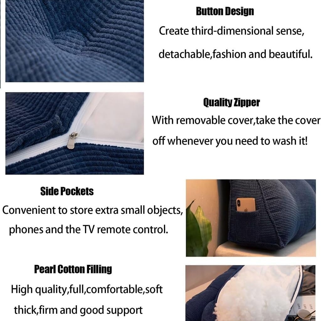 Triangle Bed Head Pillow with Side Pocket - White 180x50x20cm