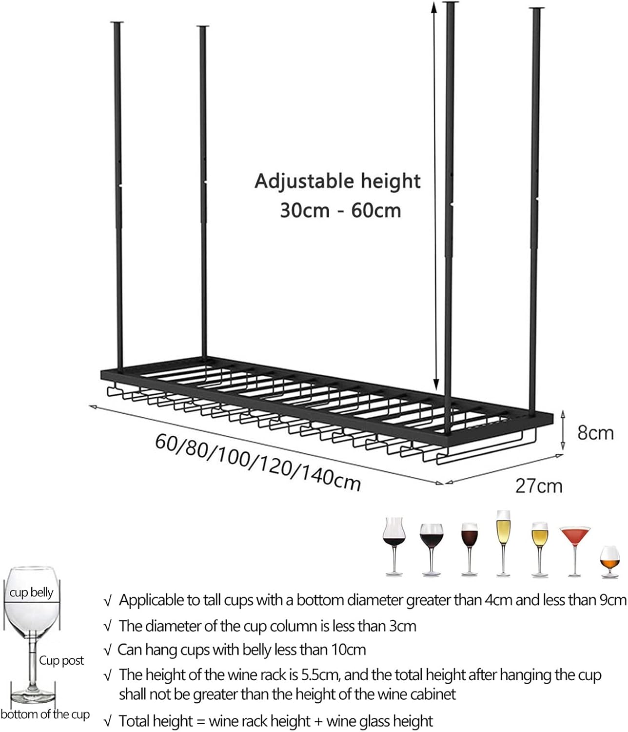 Ceiling Wine Rack Black Adjustable Floating Shelves for Kitchen and Bar