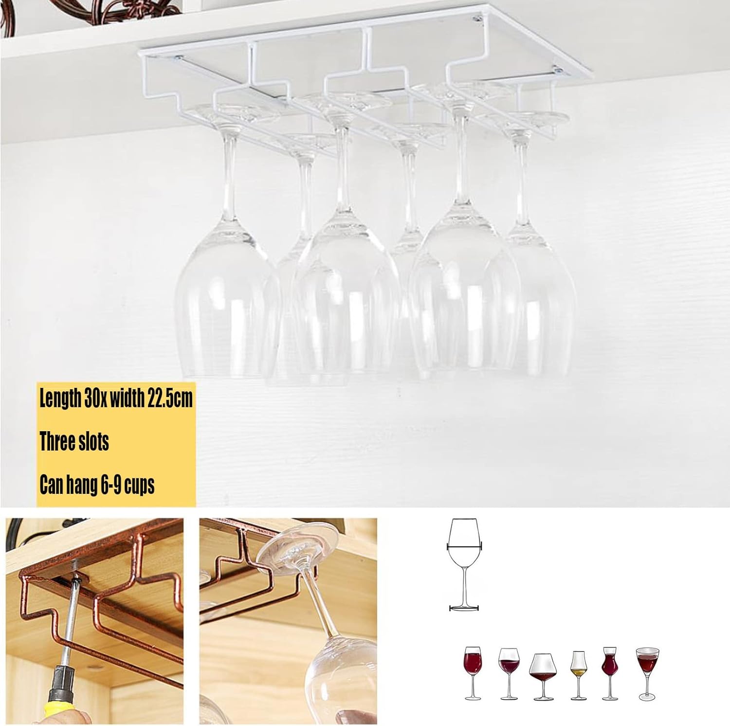 WORDFUN Wine Glass Rack Under Shelf 8 Rows Black Metal