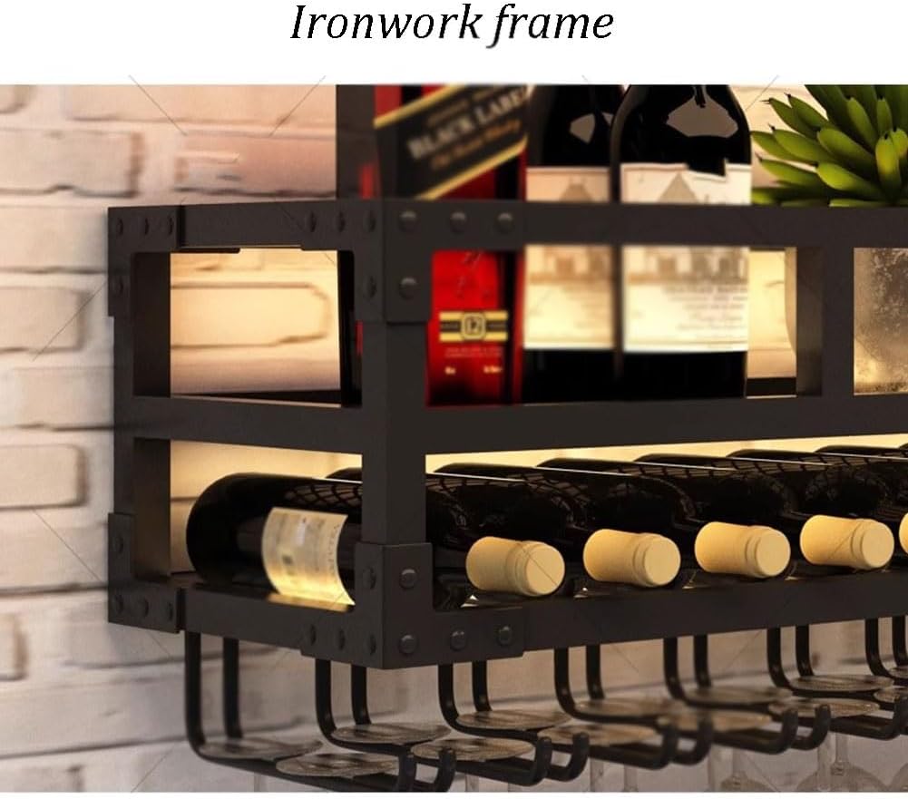 SilteD Industrial Wall-Mounted Wine Rack with Glass Holder and LED Light
