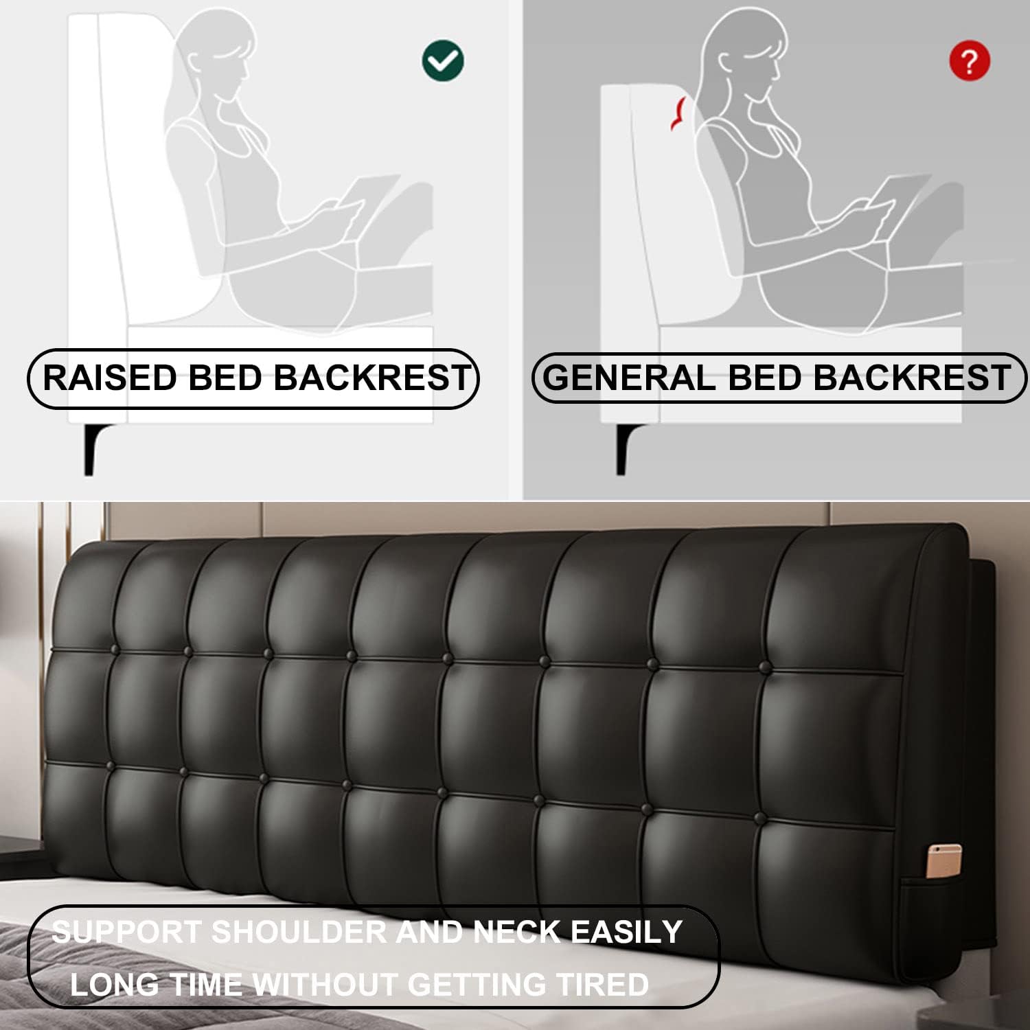 ZZYK Rectangle Bed Backboard Reading Pillow with Headboard Black